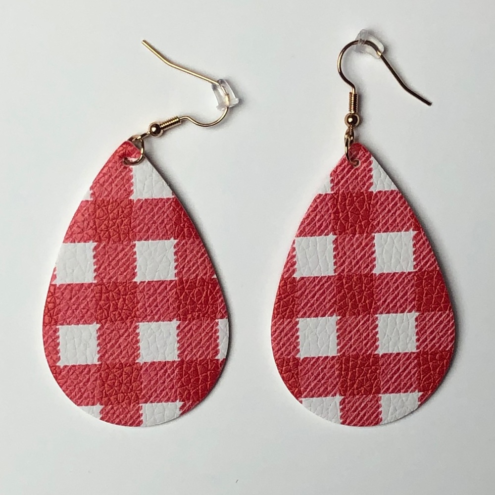 Red White Plaid Leather Teardrop Earrings